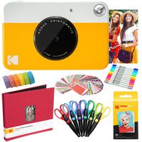 Kodak Printomatic Instant Camera (Yellow) Art Bundle + Zink Paper (20 Sheets) + 8x8 Cloth Scrapbook + 12 Twin Tip Markers + 100 Border Stickers + 6 Decorative Scissors + Washi Tape