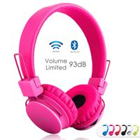 Kids Bluetooth Headphones Foldable Volume Limiting Wireless/Wired Stereo On Ear HD Headset with SD Card FM Radio in-line Volume Control Microphone for Children Adults (Pink)