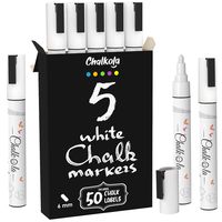 White Chalk Markers - White Dry Erase Chalk Pens for Blackboards, Chalkboard Signs, Windows, Glass, Bistro | 6mm Reversible Tip (5 Pack) - 50 Chalkboard Labels included