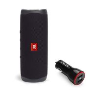 JBL Flip 5 Waterproof Portable Wireless Bluetooth Speaker Bundle with 2-Port USB Car Charger - Black