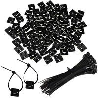 100PCS Durable Nylon Black Cable Zip Ties and 100PCS Square Self Adhesive Mount Strong Plastic Wire Ties Indoor and Outdoor UV Resistant