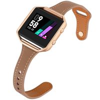 Aiseve Slim Leather Bands Compatible for Fitbit Blaze, Thin Tapered Wristband Rose Gold Metal Frame Clasp for Fitbit Blaze Small Large Women Men (Small, Tan/Rose Gold)