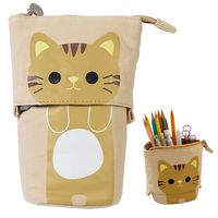 iSuperb Transformer Stand Store Pencil Holder Canvas+PU Cartoon Cute Cat Telescopic Pencil Pouch Bag Stationery Pen Case Box with Zipper Closure 7.5 x 4.9 x 3.0inch/4.1x 3.0inch (Khaki)
