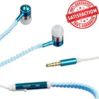 Glow in The Dark Zipper Earbuds with Microphone Headphone Headset (Blue)