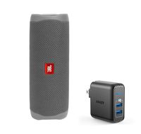 JBL Flip 5 Waterproof Portable Wireless Bluetooth Speaker Bundle with 2-Port USB Wall Charger - Gray