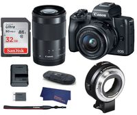 Canon EOS M50 Mirrorless Digital Camera with 15-45mm + 55-200mm Lenses -Black (USA Warranty) + Canon EOS M Mount Adapter for Canon EF/EF-S Lenses - 6098B002