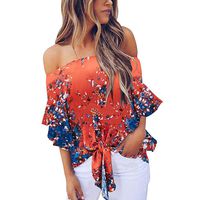 Cold Shoulder Tops for Women,BOLUBILUY Off The Shoulder Flare Sleeve Shirts Floral Print Summer Twist Knot Front Tee Red