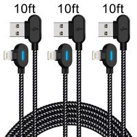 90 Degree Lightning Cable 10FT 3 Pack Right Angle iPhone Charger with Blue LED Light Nylon Braided Fast Charging USB iPhone Cable Cord Compatible with iPhone/iPad/iPod (Black White,10feet)