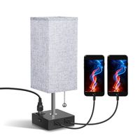 USB Bedside Table & Desk Lamp with Dual USB Port and Outlet, Acaxin Wood Minimalism Lamp, Black Wood Base Unique Fabric Shade, Special Pull Chain Lamp for Bedroom/Nightstand/End Table/Living Room