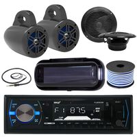 Pyle Bluetooth MP3 USB AUX SD in-Dash Single DIN AM/FM Headunit Marine Receiver, 4" Wakeboard Tower Speakers (Black) - Pair, 6.5" 2-Way Speakers (Black), Radio Shield, AM/FM Antenna, Speaker Wire