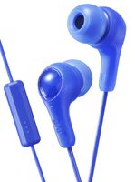 BLUE GUMY In ear earbuds with stay fit ear tips and MIC.  Wired 3.3ft colored cord cable with headphone jack.  Small, medium, and large ear tip earpieces included.  JVC GUMY HAFX7MA
