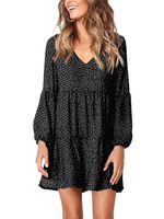 Amoretu Women's V-Neck Lantern Sleeve Casual Tunic Dress Knee Length Dot Black M