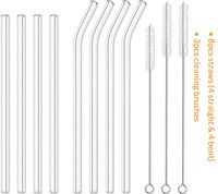 8pcs Glass Straws, 10 mm Wide Diameter Reusable Smooth-friendly Extra Long Drinking Straw for Hot and Cold Drink, Includes 4pcs 8.2 inches Straight, 4pcs 9 inches Bent and 3pcs Cleaning Brushes