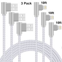 90 Degree iPhone Charger Lightning Cable 10ft 3 Pack iPhone Charging Cable Right Angle Nylon Braided Fast Charge Cord Compatible with iPhone Xs Max XR X 8 7 6 5 Plus, iPad, iPod (Silver White, 10ft)