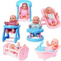 WolVol Set of 6 Mini Dolls for Girls with Cradle, High Chair, Walker, Swing, Bathtub, Infant seat