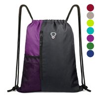 Drawstring Backpack Sports Gym Bag for Women Men Children Large Size with Zipper and Water Bottle Mesh Pockets (Black/Purple)