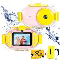 Kids Underwater Camera,ROTEK Dual 8MP 1080P Super HD Waterproof Digtial Camera with 2.4inch IPS Screen 32G Memory Rechargeable Front and Rear Selfie Video Camera for Children,Boys,Girls,Swimming(Pink)