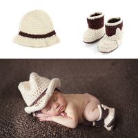 Newborn Baby Cowboy Crochet Costume Knitted Costume Hat+Shoes Photography Props
