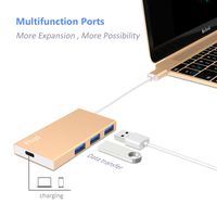 USB C HUB,Flujo Type C to 1 USB C Power Delivery + 3 USB 3.0 Data Transfer Adapter for New MacBook,Chromebook Pixel and more Type-C Devices(Gold)
