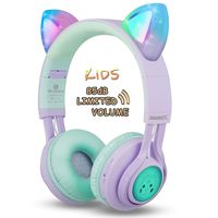 Kids Headphones, Riwbox CT-7S Cat Ear Bluetooth Headphones 85dB Volume Limiting,LED Light Up Kids Wireless Headphones Over Ear with Microphone for iPhone/iPad/Kindle/Laptop/PC/TV (Purple&Green)
