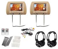 Pair Rockville RHP7-BG 7 Beige LCD Car Headrest Monitors + 2 Wireless Headsets
