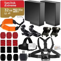 Deluxe Accessory Bundle for GoPro Hero 5, 6, 7 Black Action Camera - Includes: SanDisk Extreme 32GB microSDHC Memory Card, 2X Replacement Batteries, Chest Strap, Head Strap, Adhesive Mounts & More