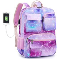 Galaxy Backpack for School, Student Laptop Bookbag for Women Girls with USB Charging Port and Luggage Sleeve (Galaxy purple)