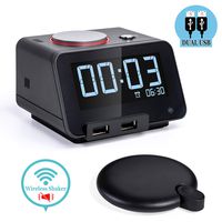 Homtime Alarm Clocks with Wireless Shaker: 3 Level Intense Vibrating Shaker for Heavy Sleepers/Deaf/Hearing Disorder - Digital Alarm Clocks with Speaker & Dual Charging Ports (Black)