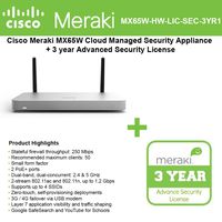 Cisco Meraki MX65W Small Branch Wireless Appliance, 250Mbps FW, 12xGbE Ports - Includes 3 Years Advanced Security License