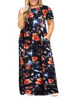 Nemidor Women Short Sleeve Loose Plain Casual Plus Size Long Maxi Dress with Pockets (Navy-Print, 22W)