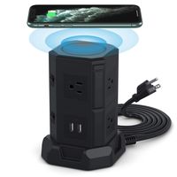 BTU Surge Protector Electric Charging Station,Power Strip Tower Wireless Charger+7 Outlet Plugs+2 USB Ports + 6.5ft Extension Cord Universal Socket PC Laptops Phone(Black)