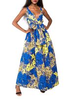 Rebecca Women's Africa DIY Band Floral Print Backless Sleeveless Split Dress Lace High Waist Adjustable Straps Bohemia Dress(Long Style Light Blue)