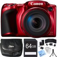 Canon PowerShot SX420 IS 20MP Red Digital Camera 64GB Card Bundle includes Camera, 64GB Memory Card, Reader, Wallet, Case, Battery, Mini Tripod, Screen Protectors, Cleaner and Beach Camera Cloth