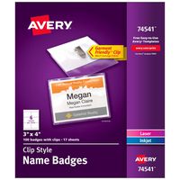 Avery Clip Name Badges, Print or Write, 3" x 4", 100 Inserts & Badge Holders with Clips (74541)