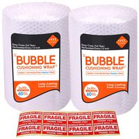 2-Pack Bubble Cushioning Wrap Rolls for Heavy-Duty Packing (3/16", 12" x 60 ft Total), Easy-to-Tear 12" Sheets, Plus Free 'Fragile, Handle with Car