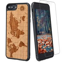 World Map Wood Phone Case Compatible with iPhone 8, 7, 6, 6s Includes Glass Screen Protector, Wireless Charging Compatible, Shockproof Protective Cover