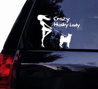 Tshirt Rocket Husky Decal - Crazy Husky Lady Vinyl Car Decal, Laptop Decal, Car Window Wall Sticker (6", White)