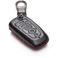 Vitodeco Genuine Leather Smart Key Keyless Remote Entry Fob Case Cover with Key Chain for 2019 Ford Fusion, Explorer, Escape, Edge, F-150, Mustang and More Models (5-Button, Black/Red)