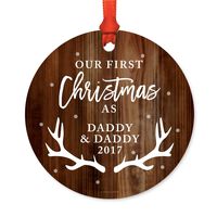 Andaz Press Custom Year Family Metal Christmas Ornament, Our First Christmas as Daddy and Daddy 2020, Rustic Wood with Deer Antlers, 1-Pack, Includes Ribbon and Gift Bag, Gay Couple ...