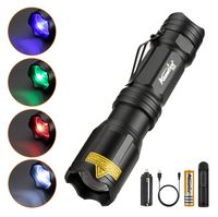 ALONEFIRE X004 4 Color in 1 LED Tactical Flashlight Rechargeable Red Green Blue White Light Flashlight Waterproof Zoomable with Battery Charger for Camping Hiking Hunting Fishing Backpacking Adults