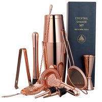 11-piece Copper Cocktail Shaker Bar Set: 2 Weighted Boston Shakers, Cocktail Strainer Set, Double Jigger, Cocktail Muddler and Spoon, Ice Tong and 2 Liquor Pourers