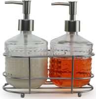 Circleware 32470 Hobnail Dispenser Bottle Pumps in Metal Caddy with Brushed Nickel Finish Set of 2 Bathroom Accessories Home Decor for Essential Oils, Lotions, Liquid Soaps 17.5 oz Vintage
