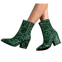 BIKETAFUWY Women's Snakeskin Print Booties Pointed Toe Slip On High Chunky Heel Pumps Side Zipper Ankle Booties Party Shoes Green