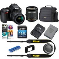 Nikon D3500 24MP DSLR Camera with AF-P DX NIKKOR 18-55mm f/3.5-5.6G VR Lens, Black - Bundle with Camera Case, 16GB SDHC Card, Card Reader
