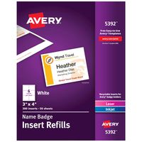 Avery Name Badge Inserts, Print or Write, 3" x 4", 300 Cardstock Refills (5392), White