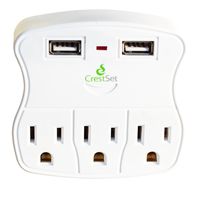 Portable USB Wall Outlet, 460 J Surge Protection, 2 USB Ports 3 AC Ports - 5-Outlet Power Strip - Mini Travel Plugin - Charge iPhones, iPads, Laptops, Tablets, Bathroom, Kitchen and more - by CrestSet