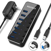 Powered USB HUB RSHTECH Type C to 7 Port USB 3.0 Hub Aluminum Portable Splitter with Individual On/Off Switches (7-Ports)