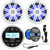 Kicker Marine Boat Yacht Gauge Style AM/FM Stereo Receiver Bundle Combo with 2X 6.5 150W Coaxial Blue LED Audio Speakers + Auxiliary Interface Mount + Radio Antenna + Speaker Wire