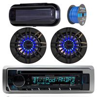 Kenwood Bluetooth Radio CD Receiver In-Dash Marine Boat Audio Bundle with Pair of Enrock 6.5" Stereo Speakers, Stereo Waterproof Cover, 18g 50ft Marine Speaker Wire (Black)