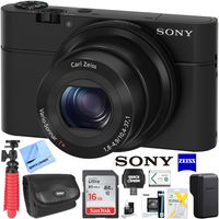 Sony Cyber-shot DSC-RX100 20.2 MP Compact Digital Camera with F1.8 Zeiss Vario-Sonnar T lens w/3.6x zoom Bundle with Tripod Travel Case Memory Card and Cleaning Kit